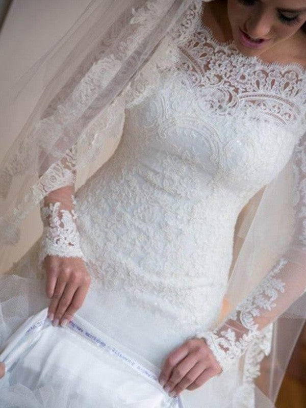 Trumpet/Mermaid Lace Off-the-Shoulder Applique Sleeves Long Train Sweep/Brush Tulle Wedding Dresses