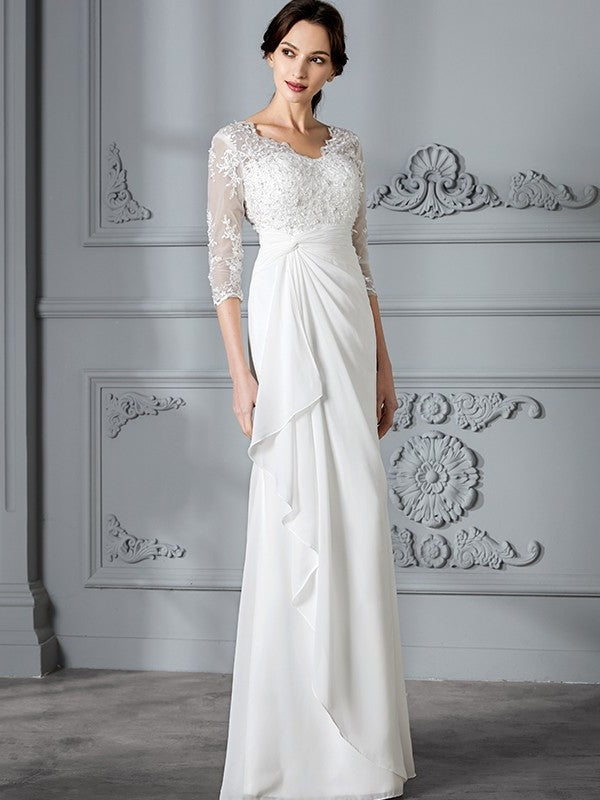 Sheath/Column V-neck Chiffon Sleeves 3/4 Floor-Length Wedding Dresses