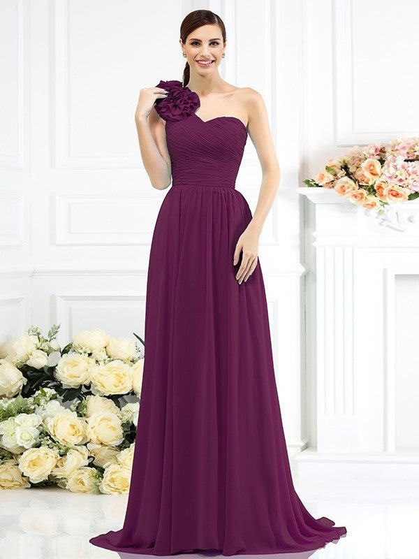 One-Shoulder Long A-Line/Princess Sleeveless Pleats Chiffon Bridesmaid Dresses