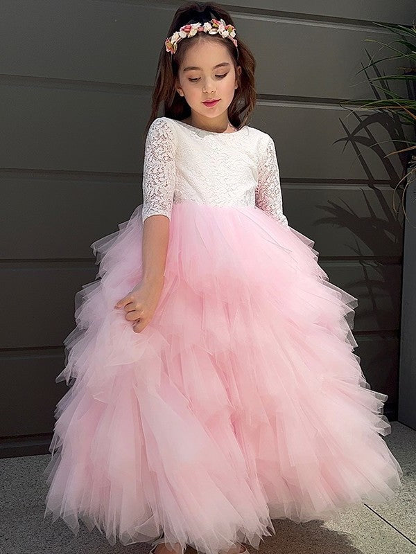 3/4 Sleeves A-Line/Princess Tulle Lace Ankle-Length Scoop Flower Girl Dresses