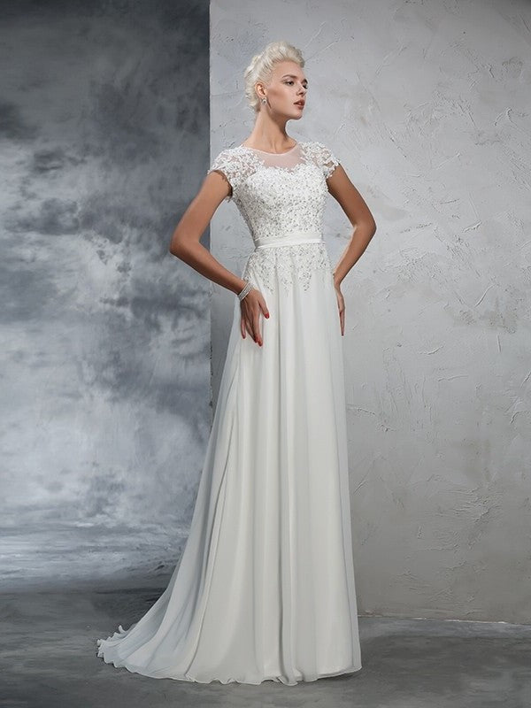 Short Neck Long Sheer A-Line/Princess Applique Sleeves Chiffon Wedding Dresses