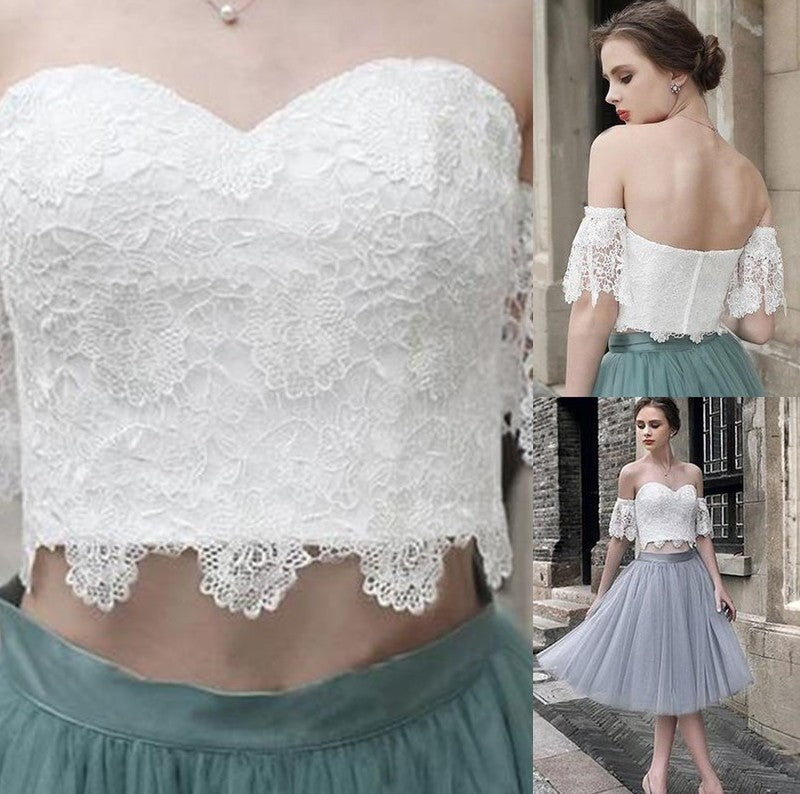 Sleeveless Tulle Lace Tea-Length Sweetheart A-Line/Princess Two Piece Dresses