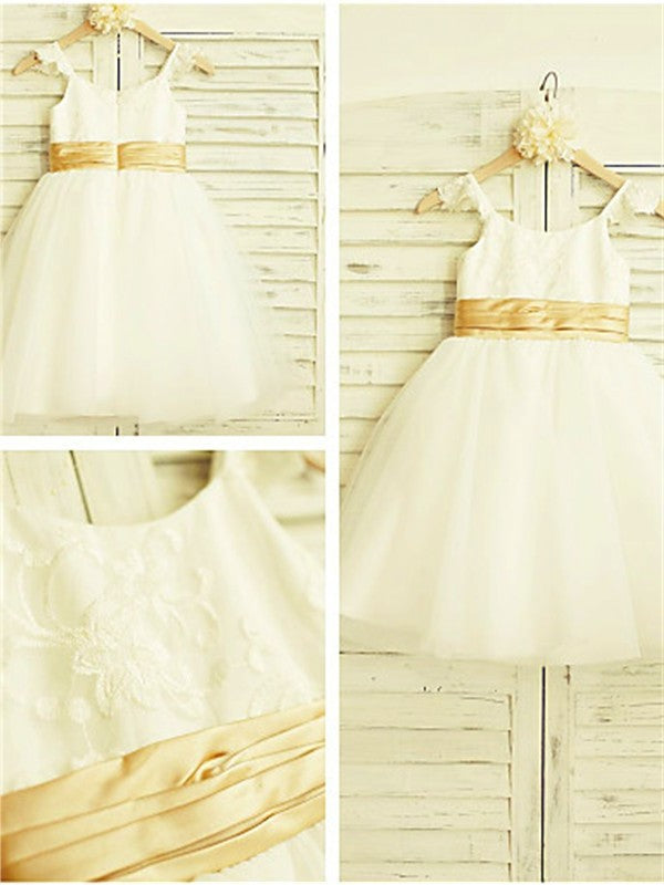 Straps A-line/Princess Tea-Length Spaghetti Tulle Sleeveless Lace Flower Girl Dresses