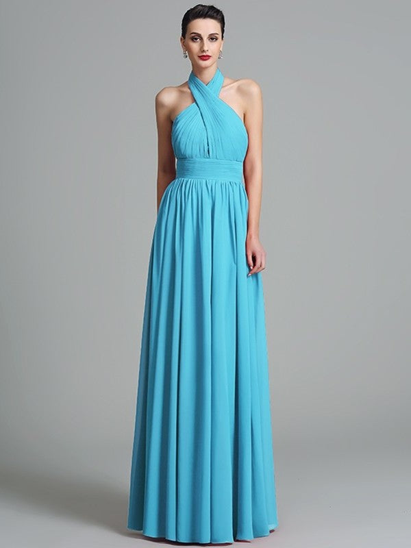 Sleeveless A-Line/Princess Long Halter Ruffles Chiffon Bridesmaid Dresses