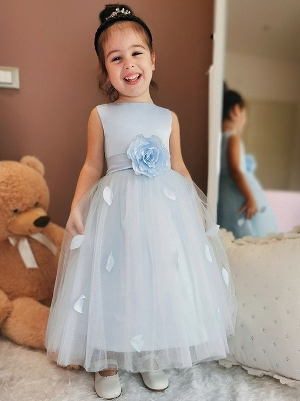 Flower Sleeveless Ankle-Length Tulle Hand-Made Scoop A-Line/Princess Flower Girl Dresses