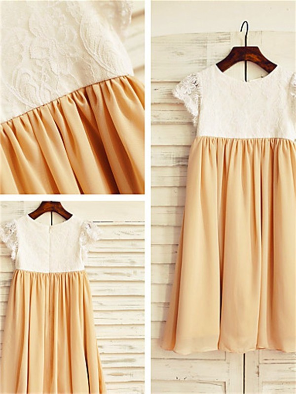 Scoop Tea-Length Chiffon A-line/Princess Sleeves Short Flower Girl Dresses