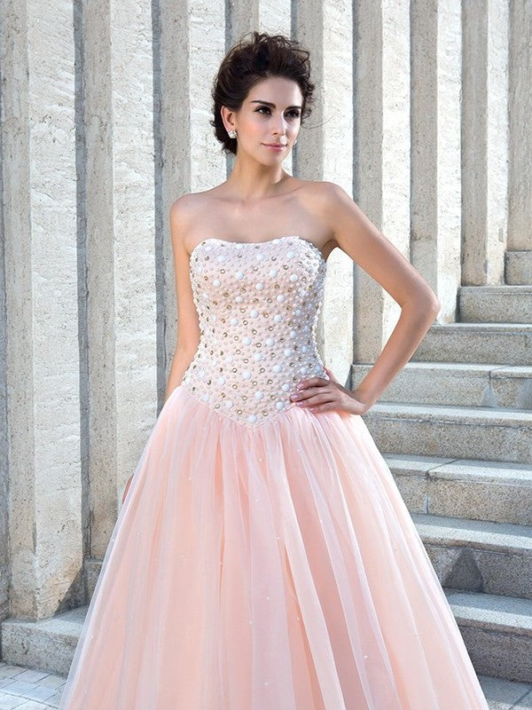 Sleeveless Ball Strapless Long Gown Beading Satin Wedding Dresses