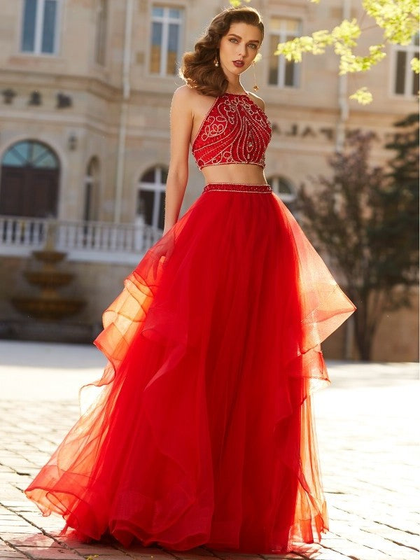 Floor-Length Beading Tulle Spaghetti Straps Sleeveless A-Line/Princess Two Piece Dresses