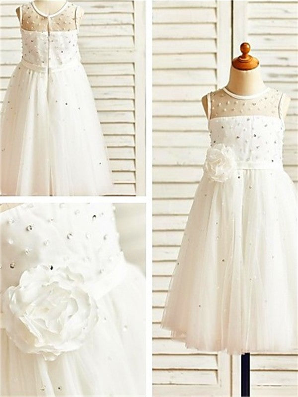 Hand-made Flower Tea-Length Sleeveless Tulle Scoop A-line/Princess Flower Girl Dresses