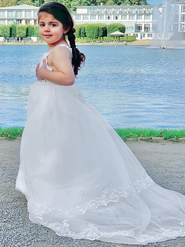 A-Line/Princess Spaghetti Tulle Sleeveless Straps Sweep/Brush Train Beading Flower Girl Dresses