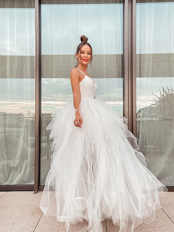 A-Line/Princess V-neck Sleeveless Ruched Tulle Floor-Length Wedding Dresses