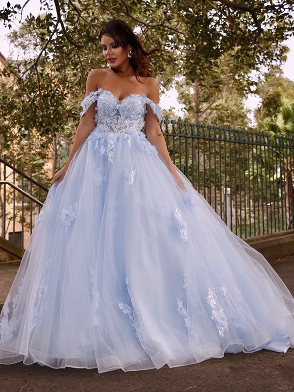 Ball Gown Sleeveless Off-the-Shoulder Applique Tulle Sweep/Brush Train Dresses