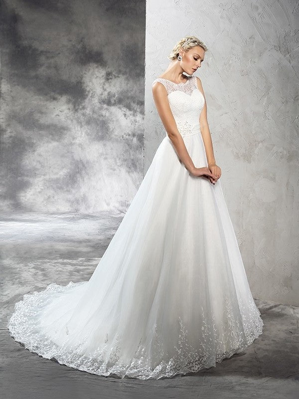 Ball Long Gown Sleeveless Sheer Neck Sash/Ribbon/Belt Net Wedding Dresses