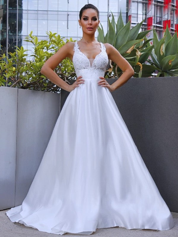 Sleeveless Satin Applique A-Line/Princess V-neck Sweep/Brush Train Wedding Dresses