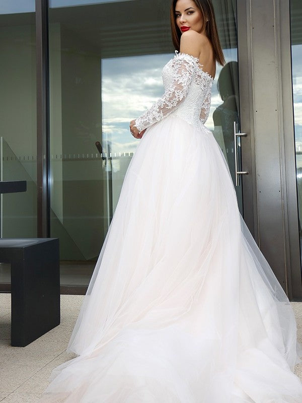 Sleeves Court Long Tulle A-Line/Princess Off-the-Shoulder Applique Train Wedding Dresses