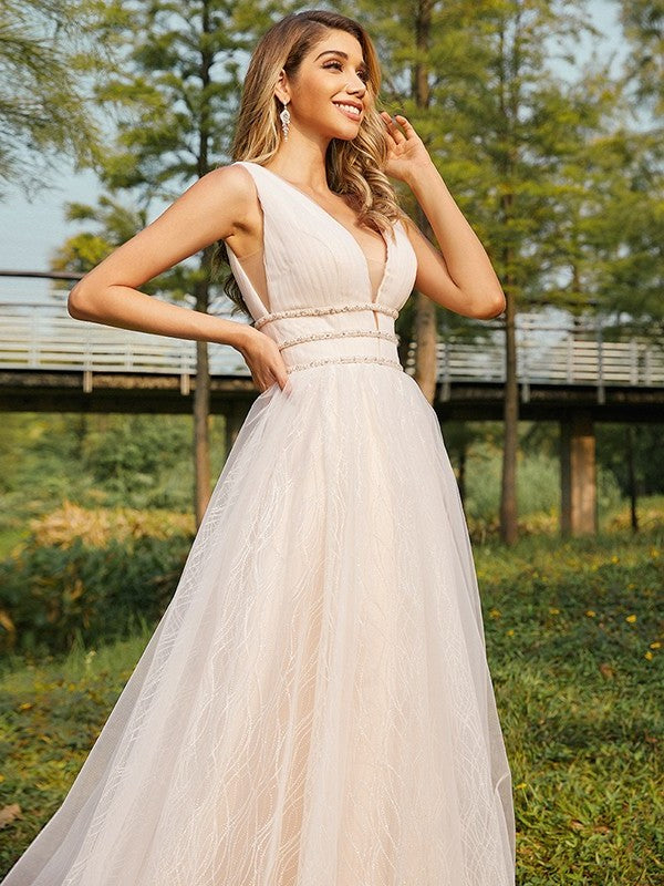 A-Line/Princess Sleeveless V-neck Ruffles Sweep/Brush Tulle Train Wedding Dresses