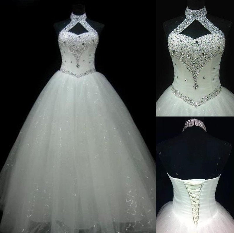 Halter Ball Beading Gown Sequin Floor-Length Sleeveless Tulle Wedding Dresses