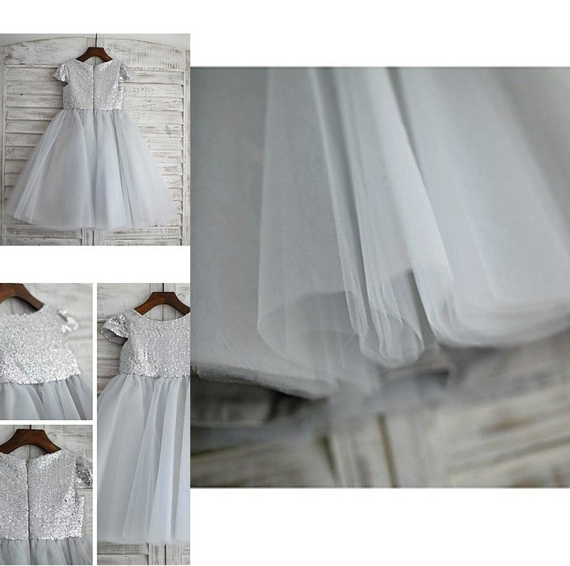 Sequin Tulle Short Sleeves A-line/Princess Tea-Length Scoop Flower Girl Dresses