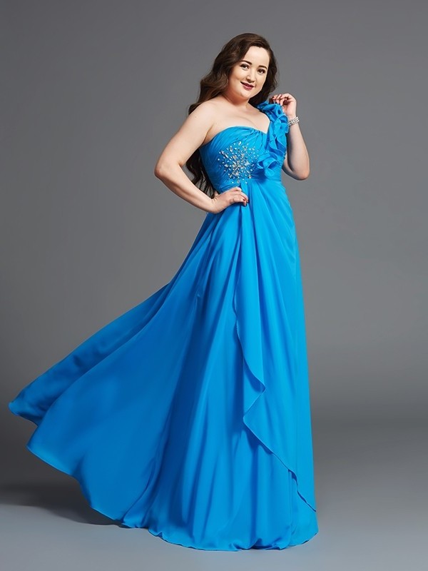 Sleeveless Chiffon Long Rhinestone A-Line/Princess One-Shoulder Plus Size Dresses