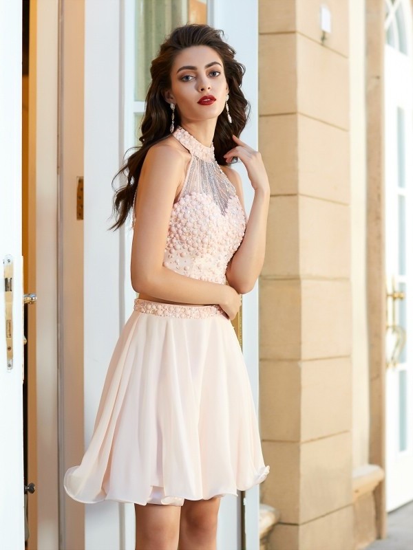 Sleeveless Beading Short/Mini Chiffon A-Line/Princess Halter Two Piece Dresses