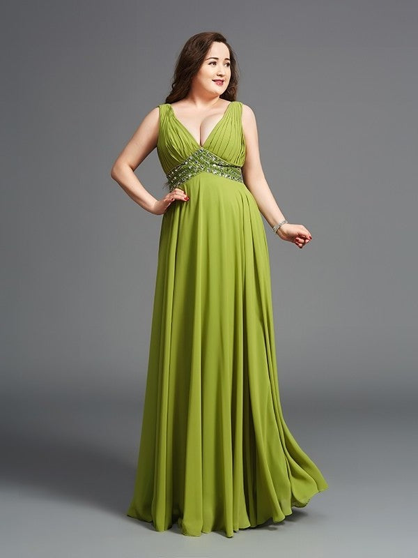 Chiffon Long Sleeveless Rhinestone Straps A-Line/Princess Plus Size Dresses