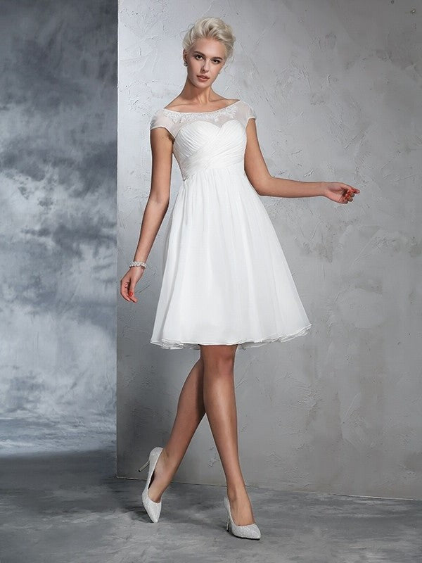 Ruched A-Line/Princess Short Sheer Short Neck Sleeves Chiffon Wedding Dresses