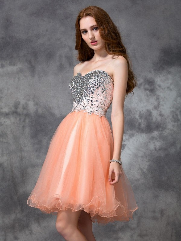 A-line/Princess Spaghetti Straps Beading Sleeveless Short Net Homecoming Dresses Tatum Cocktail Dresses