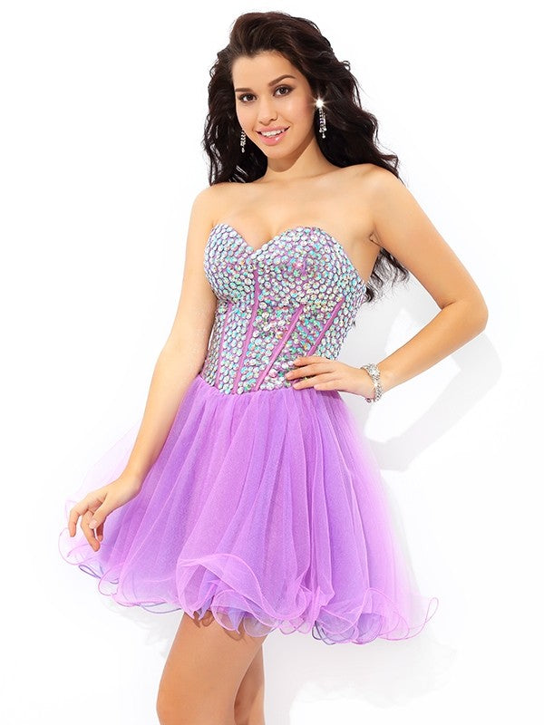 A-Line/Princess Sweetheart Paillette Sleeveless Short Net Homecoming Dresses Cocktail Reyna Dresses