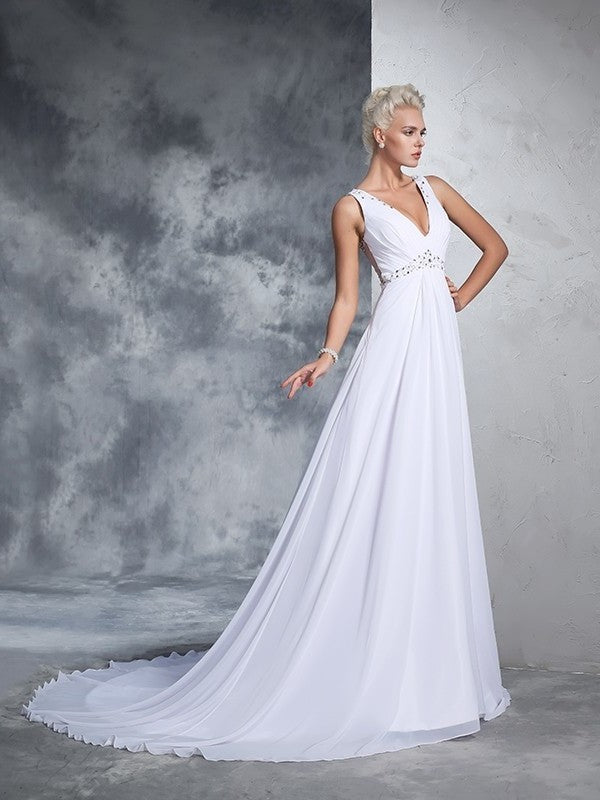 Long A-Line/Princess Sleeveless V-neck Beading Chiffon Wedding Dresses