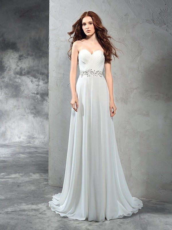 Sleeveless A-Line/Princess Long Sweetheart Pleats Chiffon Wedding Dresses