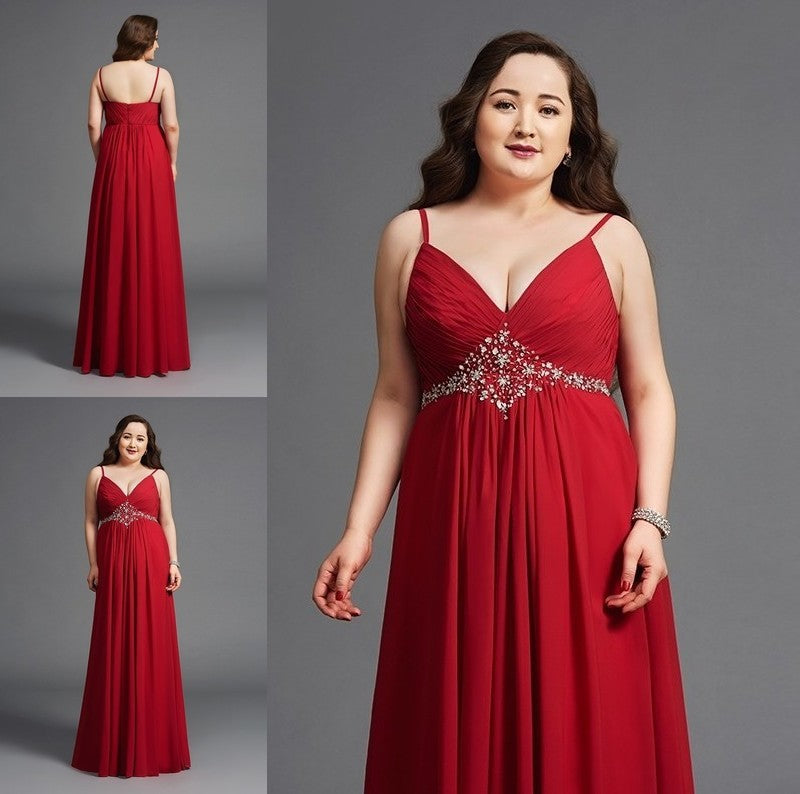 Straps Sleeveless Long Beading Chiffon Spaghetti A-Line/Princess Plus Size Dresses