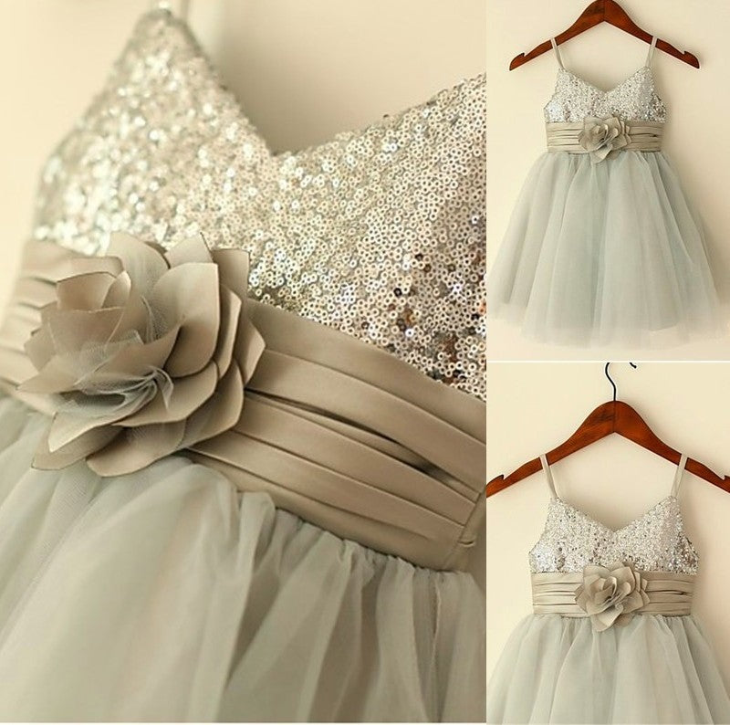 Straps Sleeveless A-line/Princess Spaghetti Tea-Length Sequin Tulle Flower Girl Dresses