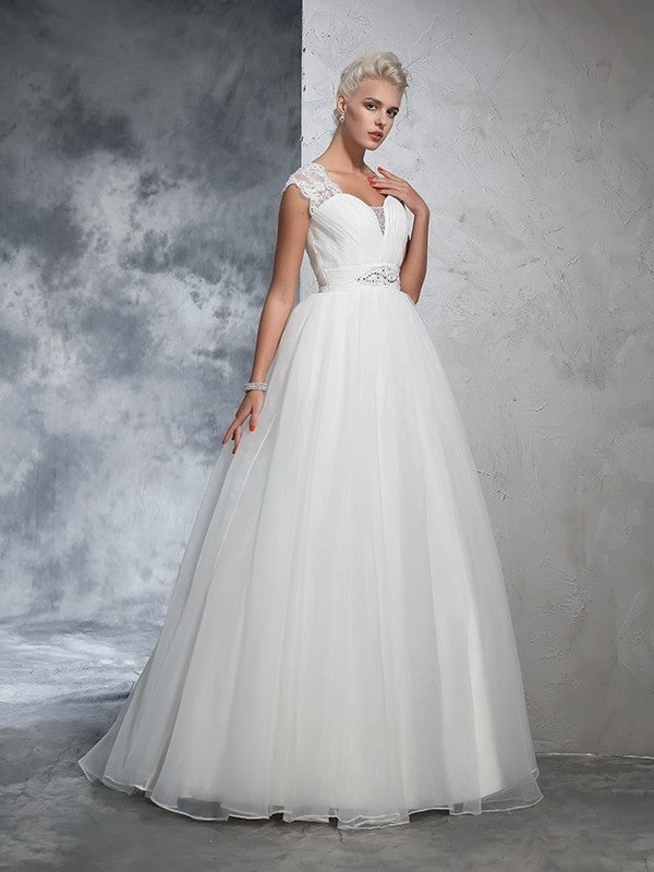 Long Sweetheart Ball Gown Ruched Sleeveless Tulle Wedding Dresses