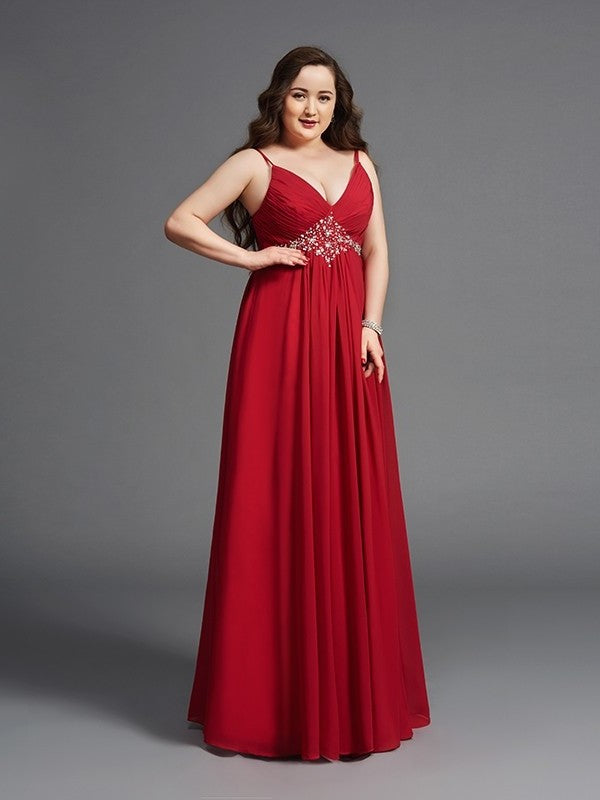 Straps Sleeveless Long Beading Chiffon Spaghetti A-Line/Princess Plus Size Dresses