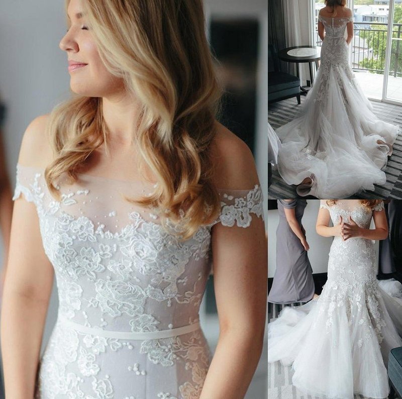 Tulle Lace Court Applique Trumpet/Mermaid Sleeveless Off-the-Shoulder Train Wedding Dresses