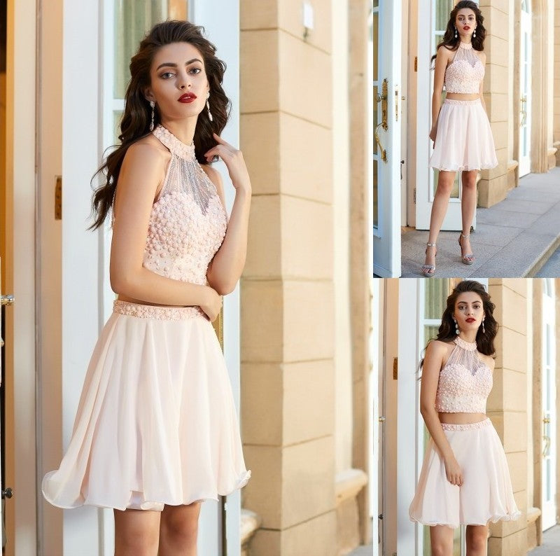 Sleeveless Beading Short/Mini Chiffon A-Line/Princess Halter Two Piece Dresses