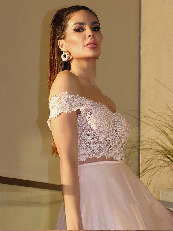 Hand-Made A-Line/Princess Sleeveless Tulle Floor-Length Flower Off-the-Shoulder Two Piece Dresses