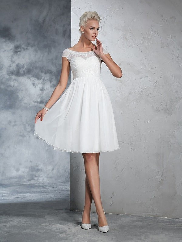 Ruched A-Line/Princess Short Sheer Short Neck Sleeves Chiffon Wedding Dresses