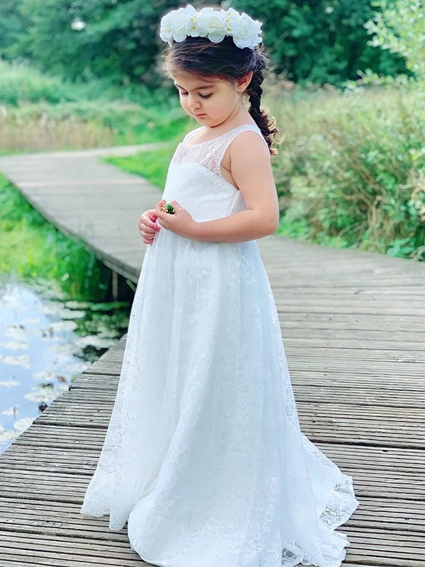 Sleeveless A-Line/Princess Lace Scoop Ruffles Ankle-Length Flower Girl Dresses