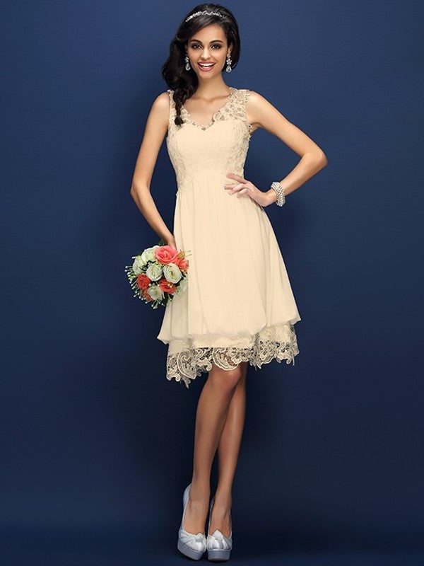 V-neck Sleeveless Lace A-Line/Princess Short Bridesmaid Dresses