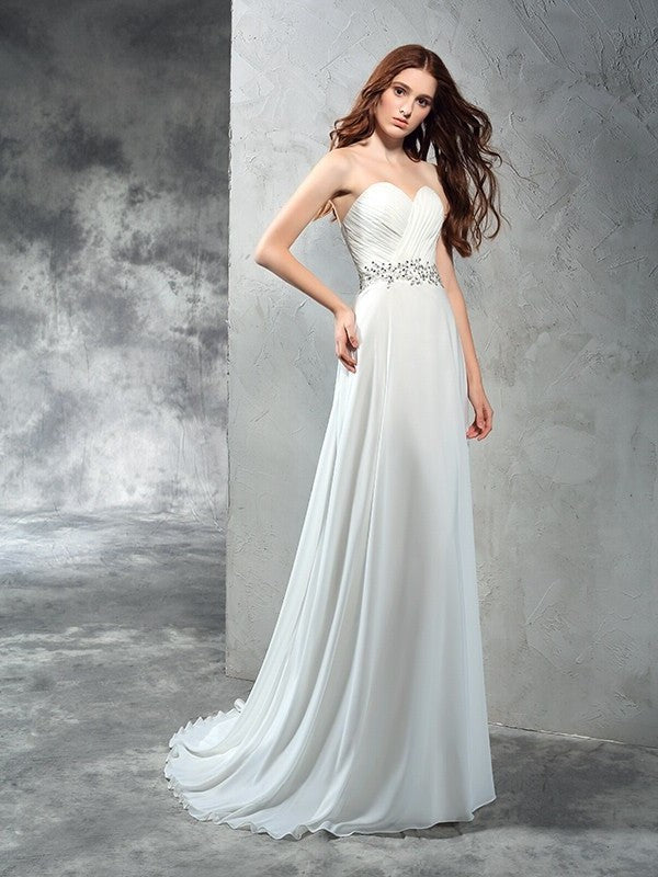 Sleeveless A-Line/Princess Long Sweetheart Pleats Chiffon Wedding Dresses