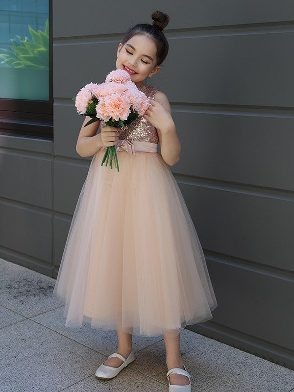 Sleeveless Scoop Bowknot Tulle A-Line/Princess Tea-Length Flower Girl Dresses