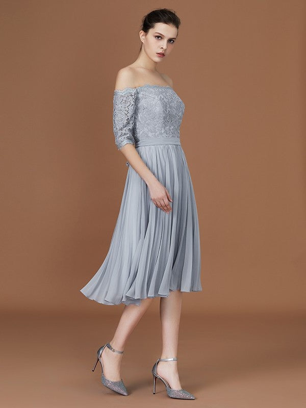 Off-the-Shoulder Short A-Line/Princess Sleeves Lace Tea-Length Chiffon Bridesmaid Dress