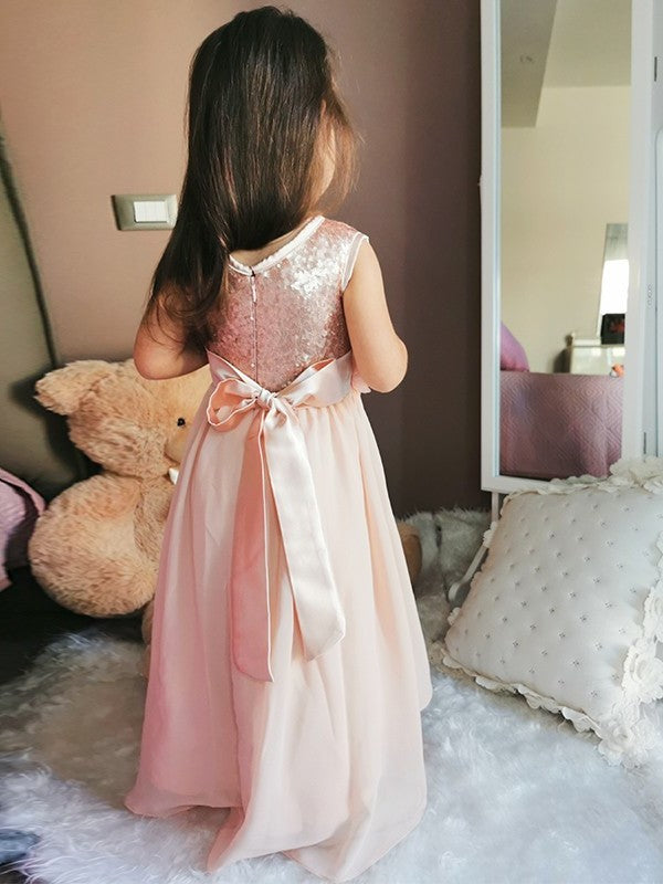 Scoop A-Line/Princess Sequin Sleeveless Chiffon Floor-Length Flower Girl Dresses