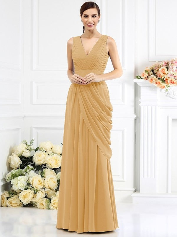 A-Line/Princess Long Pleats Sleeveless V-neck Chiffon Bridesmaid Dresses