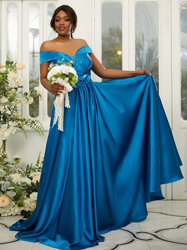 Sleeveless A-Line/Princess Ruffles Silk Off-the-Shoulder Satin Sweep/Brush like Train Bridesmaid Dresses