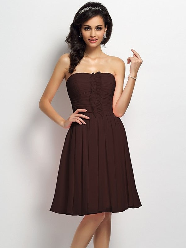 Sleeveless Pleats Strapless A-Line/Princess Short Chiffon Bridesmaid Dresses