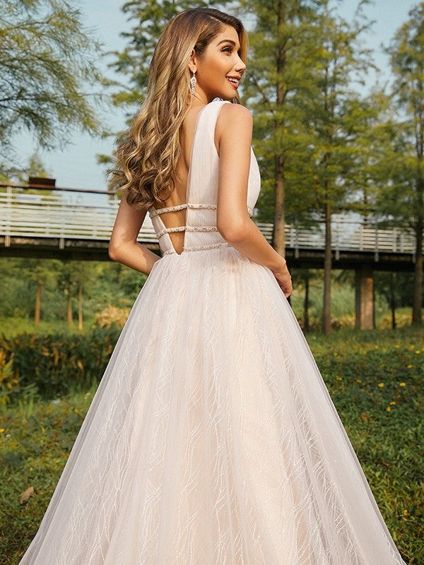 A-Line/Princess Sleeveless V-neck Ruffles Sweep/Brush Tulle Train Wedding Dresses