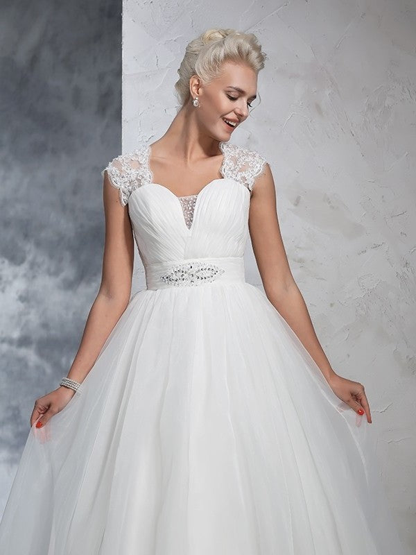 Long Sweetheart Ball Gown Ruched Sleeveless Tulle Wedding Dresses