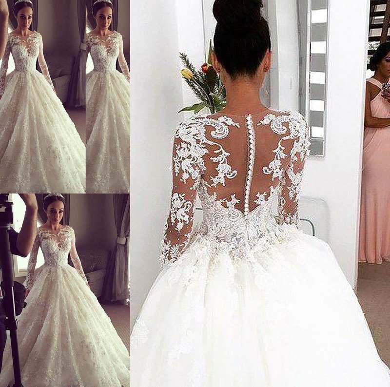 Ball Gown Long Scoop Train Sleeves Court Lace Wedding Dresses